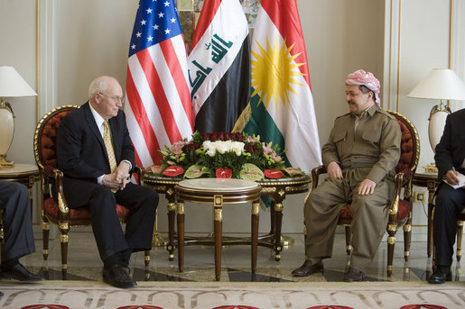 Vice President Dick Cheney meets with Kurdish Regional Government President Massoud Barzani Tuesday, March 18, 2008 in the northern Iraqi city of Irbil. During the press availability following the meeting, the KRG president voiced his appreciation of the sacrifices given by Americans to liberate the Iraqi people and said, "We will be with you in one trench, and without any hesitation or reservation, to fight terrorism and also to succeed in our efforts in the democratic process and also in building a free and prosperous Iraq." White House photo by David Bohrer