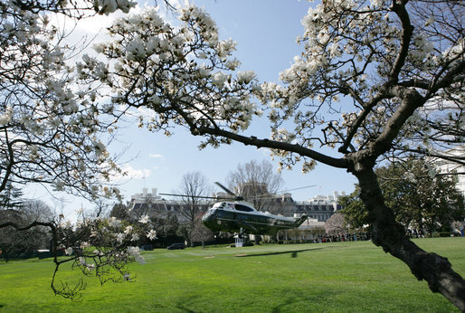 President George W. Bush and Mrs. Laura Bush, aboard Marine One, depart Thursday, March 20, 2008 from the South Lawn of the White House en route to Camp David for the Easter holiday. White House photo by Chris Greenberg