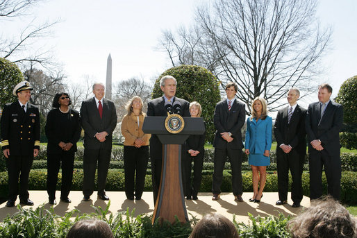 President George W. Bush, joined by the council members from the President's Council on Physical Fitness and Sports, announces the start of the National President's Challenge Thursday, March 20, 2008 in the East Garden at the White House. The National President's Challenge is a six-week physical activity challenge designed to get America up and moving 30 minutes a day, five days a week. White House photo by Joyce N. Boghosian