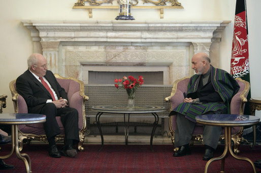 Vice President Dick Cheney meets with President Hamid Karzai of the Islamic Republic of Afghanistan Thursday, March 20, 2008 at Gul Khana Palace in Kabul. During the meeting the Vice President reaffirmed the bonds of friendship and cooperation between the United States and Afghanistan and ensured continued U.S. leadership in helping the people of Afghanistan rebuild their country. White House photo by David Bohrer