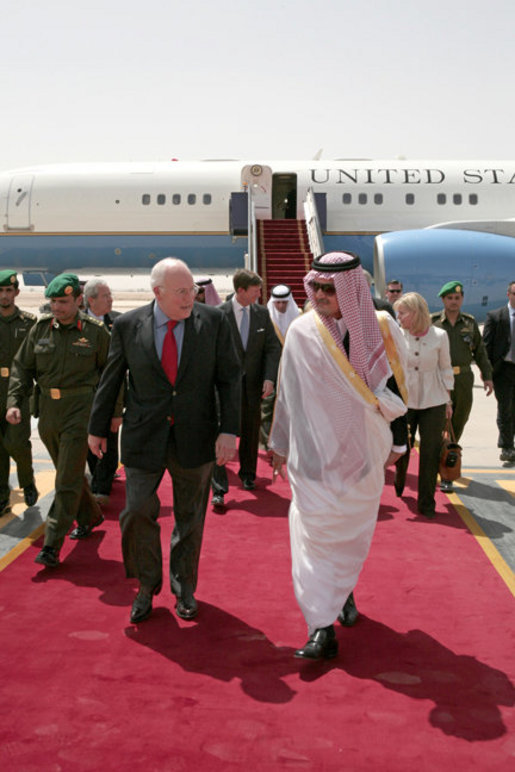 Vice President Dick Cheney is given a red carpet welcome Friday, March 21, 2008 to Riyadh, Saudi Arabia, greeted by Saudi Foreign Minister Prince Saud Al Faisal. White House photo by David Bohrer