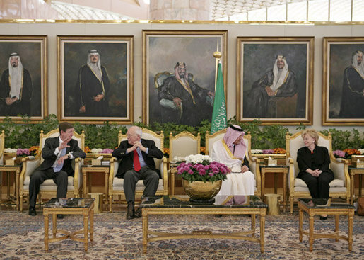 Vice President Dick Cheney talks with U.S. Ambassador to Saudi Arabia Ford Fraker as Mrs. Lynne Cheney talks with Saudi Arabian Foreign Minister Prince Saud al-Faisal Friday, March 21, 2008, during a tea ceremony upon the Vice President's arrival to King Khaled International Airport in Riyadh. Following his stop in Saudi Arabia the Vice President is scheduled to visit Israel, the West Bank and Turkey during the final days of his 10-day trip to the Middle East. White House photo by David Bohrer