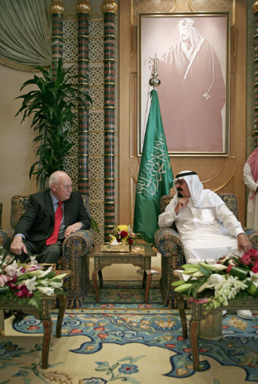 Vice President Dick Cheney meets with Saudi Arabia's King Abdullah bin Abd al-Aziz Saud Friday, March 21, 2008 at the King's ranch outside Riyadh, Saudi Arabia. White House photo by David Bohrer