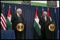 Vice President Dick Cheney and President Mahmoud Abbas of the Palestinian Authority deliver statements Sunday, March 23, 2008, following their meeting to discuss the Mideast peace process in Ramallah. White House photo by David Bohrer