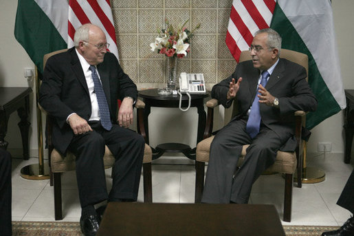 Vice President Dick Cheney meets with Palestinian Prime Minister Salam Fayyad Sunday, March 23, 2008, in the West Bank city of Ramallah. White House photo by David Bohrer