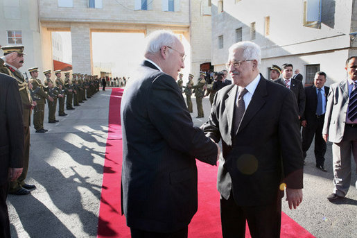 Vice President Dick Cheney shakes hands with Palestinian President Mahmud Abbas Sunday, March 23, 2008 upon departure from the Muqata in the West Bank city of Ramallah. White House photo by David Bohrer