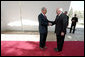 Vice President Dick Cheney is greeted by Israeli President Shimon Peres Sunday, March 23, 2008 for a meeting at the presidential residence in Jerusalem. White House photo by David Bohrer