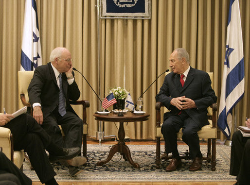Vice President Dick Cheney meets with Israeli President Shimon Peres Sunday, March 23, 2008 at the presidential residence in Jerusalem. During the meetings Vice President Cheney expressed America's commitment to move forward with the Middle East peace process while addressing threats to both Israel and the U.S. White House photo by David Bohrer