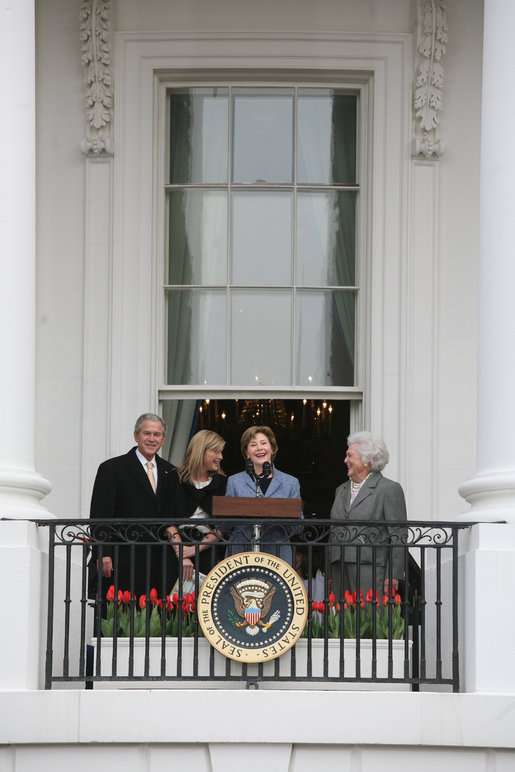 Mrs. Laura Bush, joined by President George W. Bush, daughter, Jenna, and former first lady Barbara Bush, welcomes guests Monday, March 24, 2008 to the South Lawn of the White House, for the 2008 White House Easter Egg Roll. White House photo by Joyce N. Boghosian