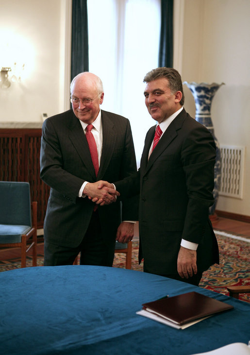Vice President Dick Cheney shakes hands with President Gul of Turkey Monday, March 24, 2008 during their meeting at the presidential residence in Ankara, Turkey. White House photo by David Bohrer