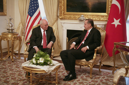 Vice President Dick Cheney meets with Prime Minister Tayyip Erdogan of Turkey Monday, March 24, 2008 in Ankara. During his visit to Turkish capital the Vice President had conversations with the executive leadership on Afghanistan, northern Iraq and energy security. White House photo by David Bohrer