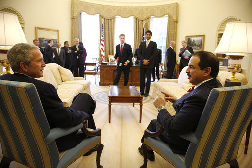 President George W. Bush speaks with King Hamad Bin Isa Bin Salman Al-Khalifa of Bahrain during their meeting Tuesday, March 25, 2008, in the Oval Office at the White House. White House photo by Eric Draper