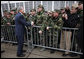 President George W. Bush greets U.S. military personnel on his arrival to Wright-Patterson Air Force Base Thursday, March 27, 2008, in Ohio. White House photo by Eric Draper