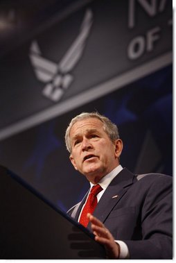 President George W. Bush addresses his remarks on the Global War on Terror Thursday, March 27, 2008, at the National Museum of the United States Air Force in Dayton, Ohio. White House photo by Eric Draper