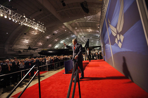 President George W. Bush waves to applauding audience members following his address on the Global War on Terror Thursday, March 27, 2008, at the National Museum of the United States Air Force in Dayton, Ohio. White House photo by Eric Draper