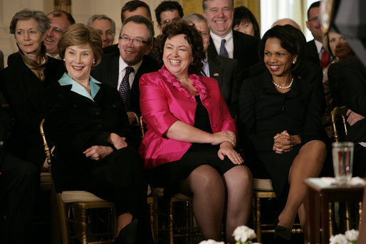 Mrs. Laura Bush is joined by Therese Rein, wife of Australian Prime Minister Kevin Rudd, and U.S. Secretary of State Condoleezza Rice, right, during the joint press availability with President George W. Bush and Prime Minister Rudd Friday, March 28, 2008, in the East Room of the White House. White House photo by Shealah Craighead