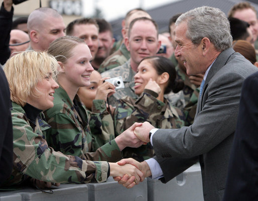 President George W. Bush shakes hands with troops following his event in Freehold, New Jersey Friday, March 28, 2008, at McGuire Air Force Base in New Jersey. White House photo by Chris Greenberg