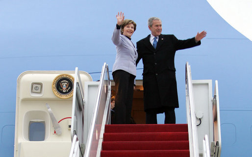 President George W. Bush and Mrs. Laura Bush wave as they board Air Force One Monday, March 31, 2008, for departure to Kyiv, Ukraine, the first stop on their European visit that will include the NATO Summit in Bucharest. White House photo by Chris Greenberg