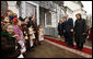 President George W. Bush and Mrs. Laura Bush joined by Ukrainian President Viktor Yushchenko and his wife, first lady Kateryna Yushchenko, are greeted by children, April 1, 2008, before touring St. Sophia’s Cathedral in Kyiv, Ukraine. White House photo by Eric Draper