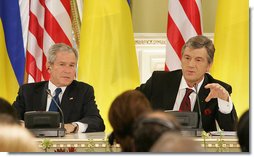President George W. Bush and Ukraine’s President Viktor Yushchenko attend a joint press availability Tuesday, April 1, 2008, during a joint press availability at the Presidential Secretariat in Kyiv.  White House photo by Chris Greenberg