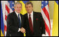 President George W. Bush and President Viktor Yushchenko of the Ukraine shake hands after their joint press availability Tuesday, April 1, 2008, at the Presidential Secretariat in Kyiv. President and Mrs. Laura Bush attended daylong events in the Ukraine capital before departing for Romania, site of the 2008 NATO Summit. White House photo by Chris Greenberg