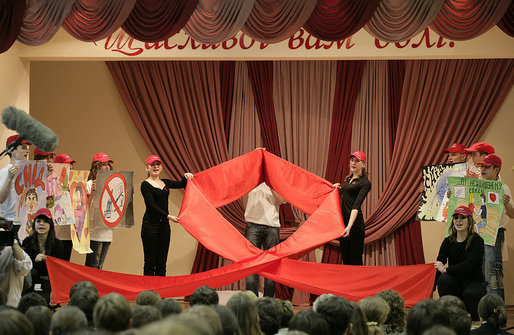 Sponsored by the President's Emergency Plan for AIDS Relief (PEPFAR), students at School 57 in Kyiv perform a skit on HIV/AIDS for President George W. Bush and Mrs. Laura Bush Tuesday, April 1, 2008, during the daylong visit by the President and First Lady. White House photo by Shealah Craighead