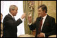 President George W. Bush and President Viktor Yushchenko of Ukraine, raise their glasses in a toast Tuesday, April 1, 2008, during a social lunch at the Presidential Secretariat in Kyiv. White House photo by Eric Draper