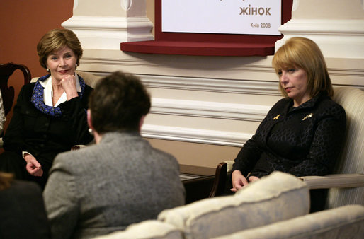 Mrs. Laura Bush and Mrs. Kateryna Yushchenko, wife of Ukrainian President Viktor Yushchenko, participate in a tea with breast cancer advocates and survivors Tuesday, April 1, 2008, at the Diplomatic Academy in Kyiv. White House photo by Shealah Craighead