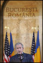 President George W. Bush delivers a keynote speech Tuesday, April 2, 2008, at the National Bank of Savings in Bucharest, site of the two-day NATO Summit. The President urged the NATO membership to be open to any European democracy that sought it. White House photo by Chris Greenberg