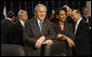 President George W. Bush stands with Secretary of State Condoleezza Rice Thursday, April 3, 2008, during the North Atlantic Council Summit in Bucharest. White House photo by Eric Draper