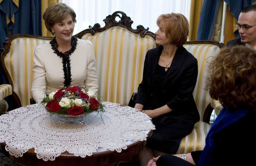 Mrs. Laura Bush and Croatia’s First Lady Mrs. Milka Mesic sit for tea Friday, April 4, 2008, following the arrival of President and Mrs. Bush in Zagreb, where they will overnight before continuing on to Russia. White House photo by Shealah Craighead