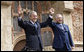 President George W. Bush and Prime Minister Ivo Sanader of Croatia, raise hands together before thousands who flocked to St. Mark's Square in downtown Zagreb Saturday, April 5, 2008, to see and hear the U.S. President. White House photo by Eric Draper