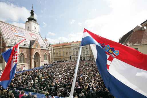 Thousands jam St. Marks's Square in Zagreb to see and hear President George W. Bush and Prime Minister Ivo Sanader of Croatia Saturday, April 5, 2008. White House photo by Chris Greenberg