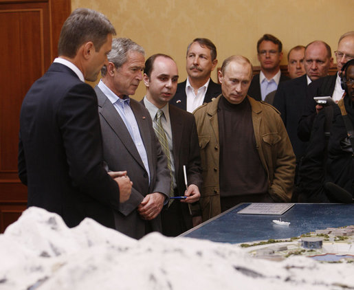 President George W. Bush participates in a briefing on Sochi 2014 Winter Olympics Saturday, April 5, 2008, as he joins Russia's President Vladimir Putin at President Putin's summer president retreat in Sochi. White House photo by Eric Draper