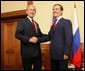 President George W. Bush shakes hands with President-elect Dmitry Medvedev at the top of their meeting Sunday, April 6, 2008, at the State Residence of the President of Russia, Bocharov Ruchey in Sochi, Russia. President Bush thanked the President-elect, saying, "I'm looking forward to getting to know you, so we'll be able to work through common problems and find common opportunities." White House photo by Chris Greenberg