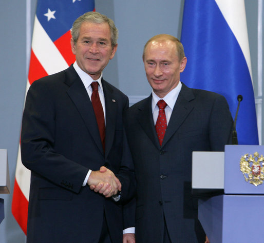 President George W. Bush and Russia’s President Vladimir Putin shake hands after their joint press availability Sunday, April 6, 2008, at Bocharov Ruchey, President Putin’s summer Presidential retreat in Sochi, Russia. White House photo by Chris Greenberg
