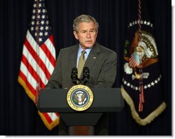 President George W. Bush delivers remarks on the Columbian Free Trade Agreement Monday, April 7, 2008, in Dwight D. Eisenhower Executive Office Building. White House photo by Joyce N. Boghosian