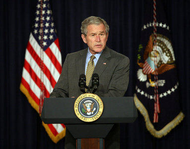 President George W. Bush delivers remarks on the Columbian Free Trade Agreement Monday, April 7, 2008, in Dwight D. Eisenhower Executive Office Building White House photo by Joyce N. Boghosian