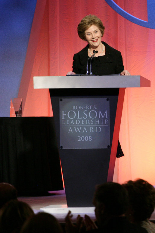 Mrs. Laura Bush accepts the 2008 Robert S. Folsom Leadership Award Thursday, April 10, 2008, in Dallas. The award, presented by the Methodist Health System Foundation, recognizes individuals who have demonstrated a commitment to community leadership emulating the achievements of former Dallas Mayor Robert Folsom. White House photo by Shealah Craighead