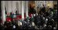 Standing in Cross Hall at the White House, President George W. Bush delivers a statement Thursday, April 10, 2008, on Iraq after meeting with General David Petraeus, Commander of Multi-National Force-Iraq, and U.S. Ambassador to Iraq Ryan Crocker. White House photo by Joyce N. Boghosian