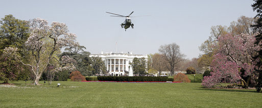 Marine One, with President George W. Bush aboard, departs from the South Lawn of the White House Thursday, April 10, 2008, en route to Andrews Air Force Base. White House photo by Grant Miller