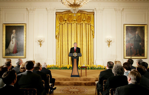 President George W. Bush addresses invited guests Monday evening, April 14, 2008 to the East Room of the White House, during a reception in honor of the 265th birthday of former President Thomas Jefferson. White House photo by Chris Greenberg
