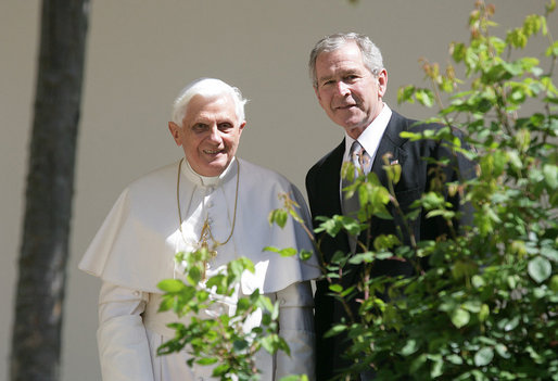 President George W. Bush and Pope Benedict XVI pause along the White House Colonnade to look at the Rose Garden on their way for a meeting in the Oval Office Wednesday, April 16, 2008, following the Pope's welcoming ceremony on the South Lawn of the White House. White House photo by Chris Greenberg