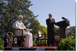 President George W. Bush applauds Pope Benedict XVI, Wednesday, April 16, 2008, during an arrival ceremony for the Pope on the South Lawn. During his remarks the Pope encouraged the American people saying, "I am confident that the American people will find in their religious beliefs a precious source of insight and an inspiration to pursue reasoned, responsible and respectful dialogue in the effort to build a more human and free society." White House photo by David Bohrer