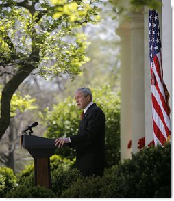 President George W. Bush speaks on climate change during remarks from the Rose Garden Wednesday, April 16, 2008, at the White House. Said the President, "I'm confident that with sensible and balanced policies from Washington, American innovators and entrepreneurs will pioneer a new generation of technology that improves our environment, strengthens our economy, and continues to amaze the world." White House photo by Noah Rabinowitz