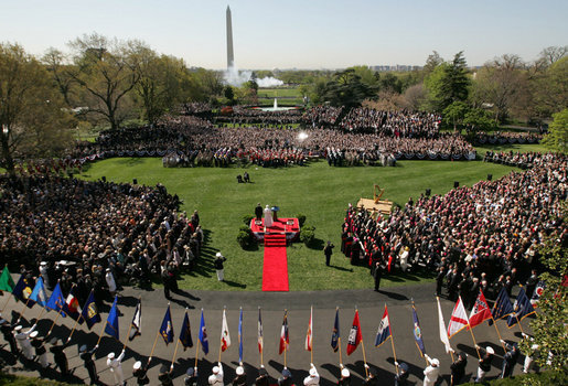 President George W. Bush and Pope Benedict XVI, seen from Truman Balcony of the White House, stand together on the reviewing stand during the welcoming ceremony for the Pope on the South Lawn of the White House Wednesday, April 16, 2008. White House photo by Joyce N. Boghosian