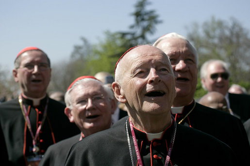 Members of the clergy sing "Happy Birthday" to Pope Benedict XVI in celebration of the Pope's 81st birthday, Wednesday, April 16, 2008, during an arrival ceremony for the Holy Father on the South Lawn of the White House. White House photo by David Bohrer