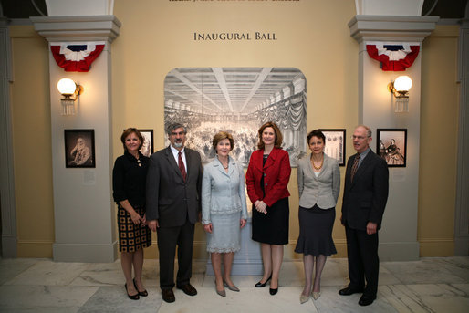 Mrs. Bush poses for a photo during a tour of the Smithsonian American Art Museum's Exhibit "The Honor of Your Company Is Requested: President Lincoln's Inaugural Ball" Thursday, April 17, 2008, in Washington, D.C. Mrs. Bush is joined by, from left to right, Ms. Alison McNally, Acting Under Secretary for Finance and Administration, Smithsonian Institute, Dr. Richard Kurin, Acting Under Secretary for History, Art and Culture, Smithsonian Institute, Mrs. Sarah Brown, wife of Prime Minister of the United Kingdom, Lady Sheinwald, wife of the British Ambassador to the United States, and Mr. Charles Robertson, Guest Curator, "the Honor of Your Company Is Requested: President Lincoln's Inaugural Ball" Exhibit. White House photo by Shealah Craighead