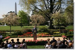 President George W. Bush addresses recipients of the President's Environmental Youth Awards during a ceremony Thursday, April 17, 2008, in the Rose Garden of the White House. Established in 1971, the awards recognize students from grades K-12 who have led environmental efforts in their communities. The awards are administered by the Environmental Protection Agency (EPA), and each of the EPA’s 10 regional offices selects a winner or group of winners. White House photo by Shealah Craighead