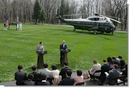 President George W. Bush and South Korean President Lee Myung-bak make remarks during a joint press availability Saturday, April 19, 2008, at the Presidential retreat at Camp David, Md. White House photo by Joyce N. Boghosian